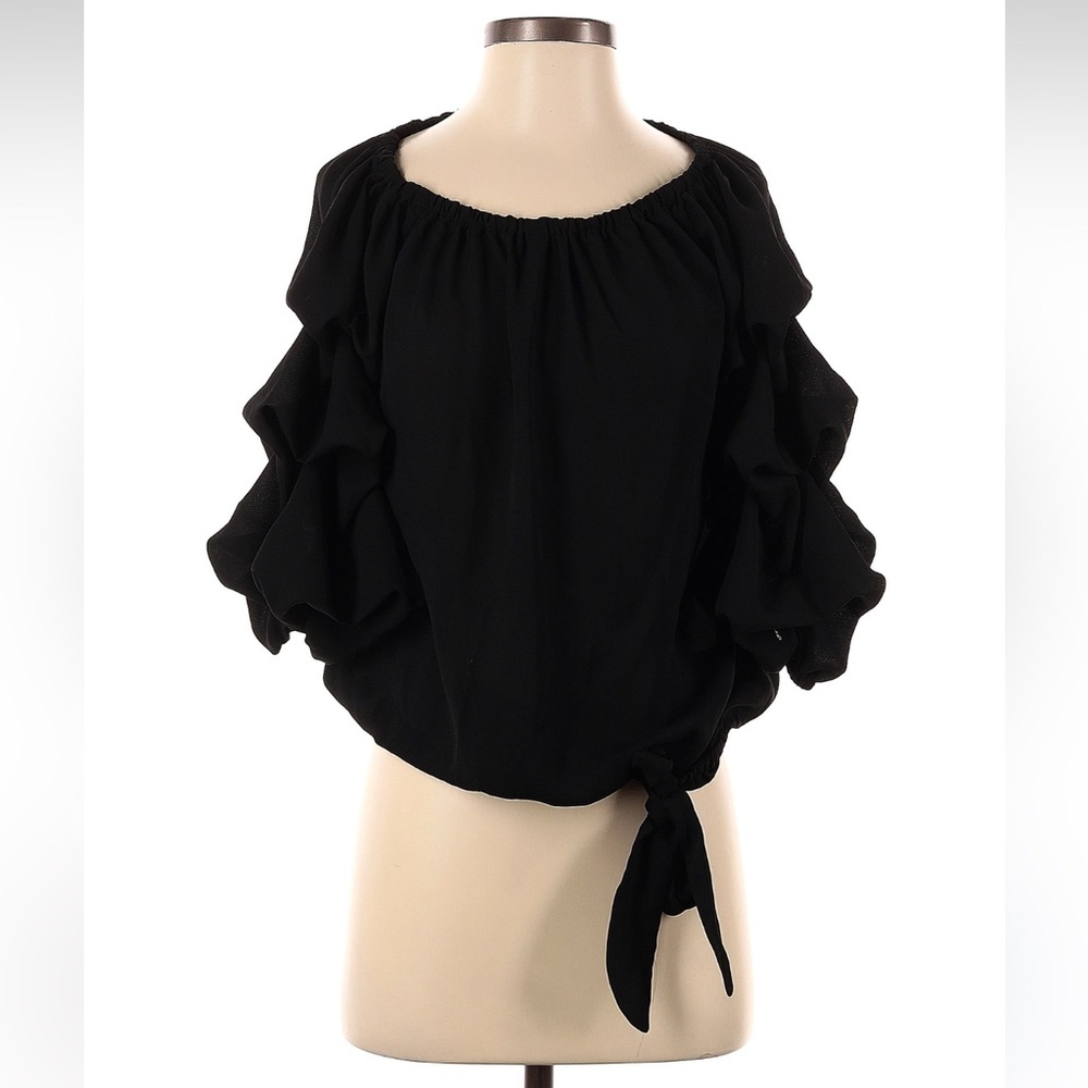 CeCe Black Ruffled Tie Front 3/4 Sleeve Blouse Sz S - Picture 3 of 7